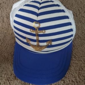 Anchor blue white striped trucker hat adjustable